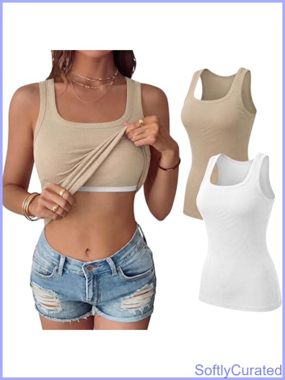 Ribbed Tank Tops with Built-in Bra Square Neck Slim Fit 2 Pack
